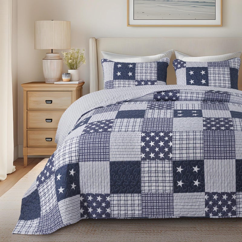 SLPR Americana Pride 3-Piece Quilt Set - Queen Size with 2 Shams, Lightweight Patriotic Bedding in Blue and White with Star and Plaid Patterns, Quilted Bedspread for Queen Bed - Image 1